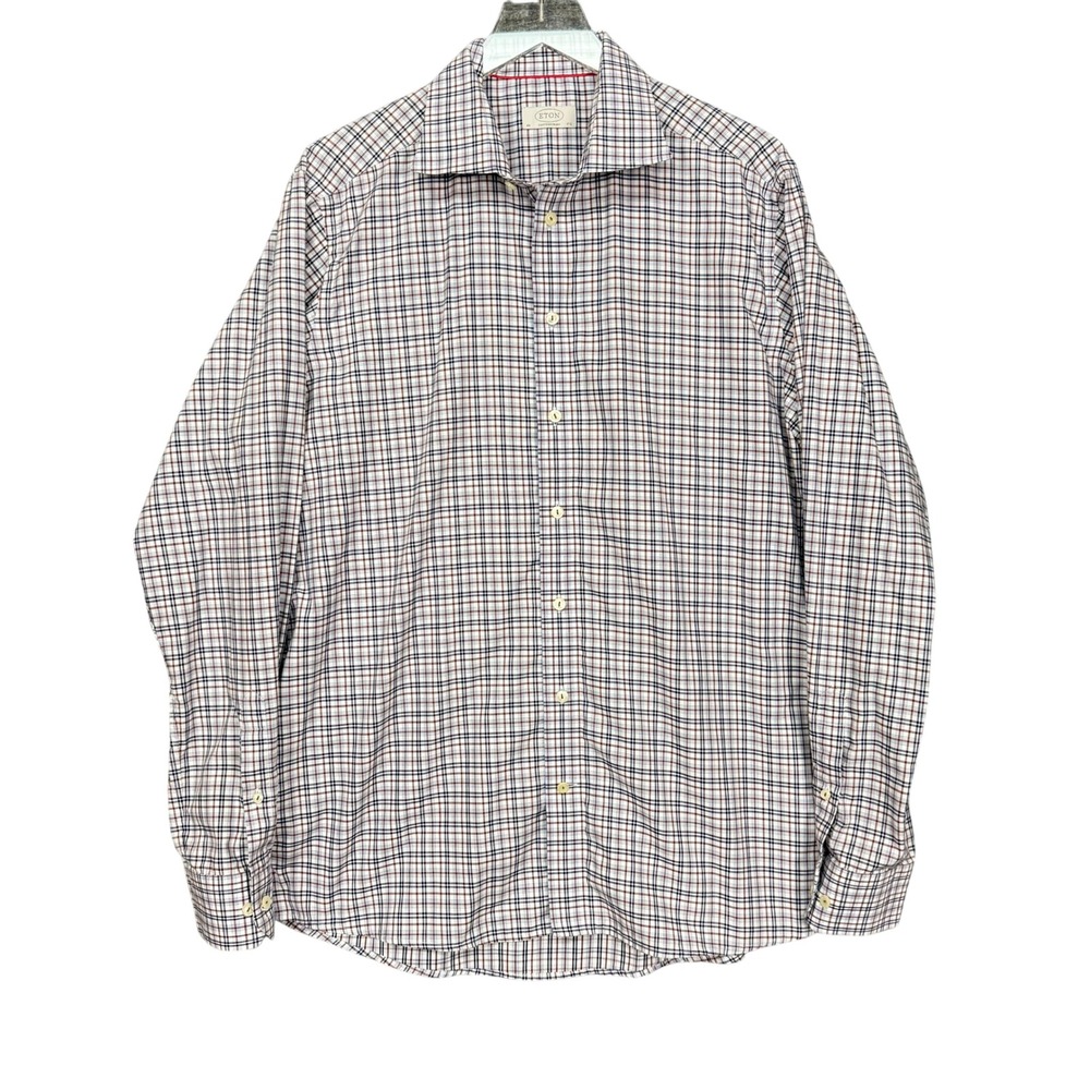 Eton Dress Shirt Mens 17.5 44 Blue Brown Check Contemporary Fit Long Sleeve